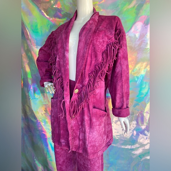Vintage Pink Tie Dye Fringe Blazer Jacket Pant Set - Picture 3 of 14